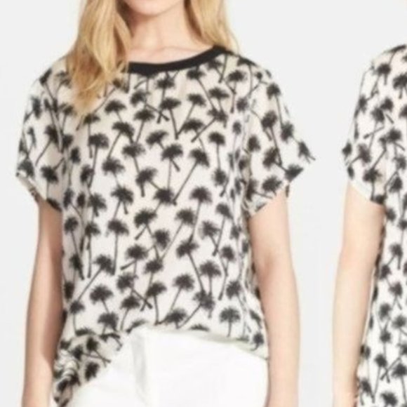 L'AGENCE Ivory Black Palm Tree Print Silk Blouse Short Sleeve Lightweight - Picture 7 of 7